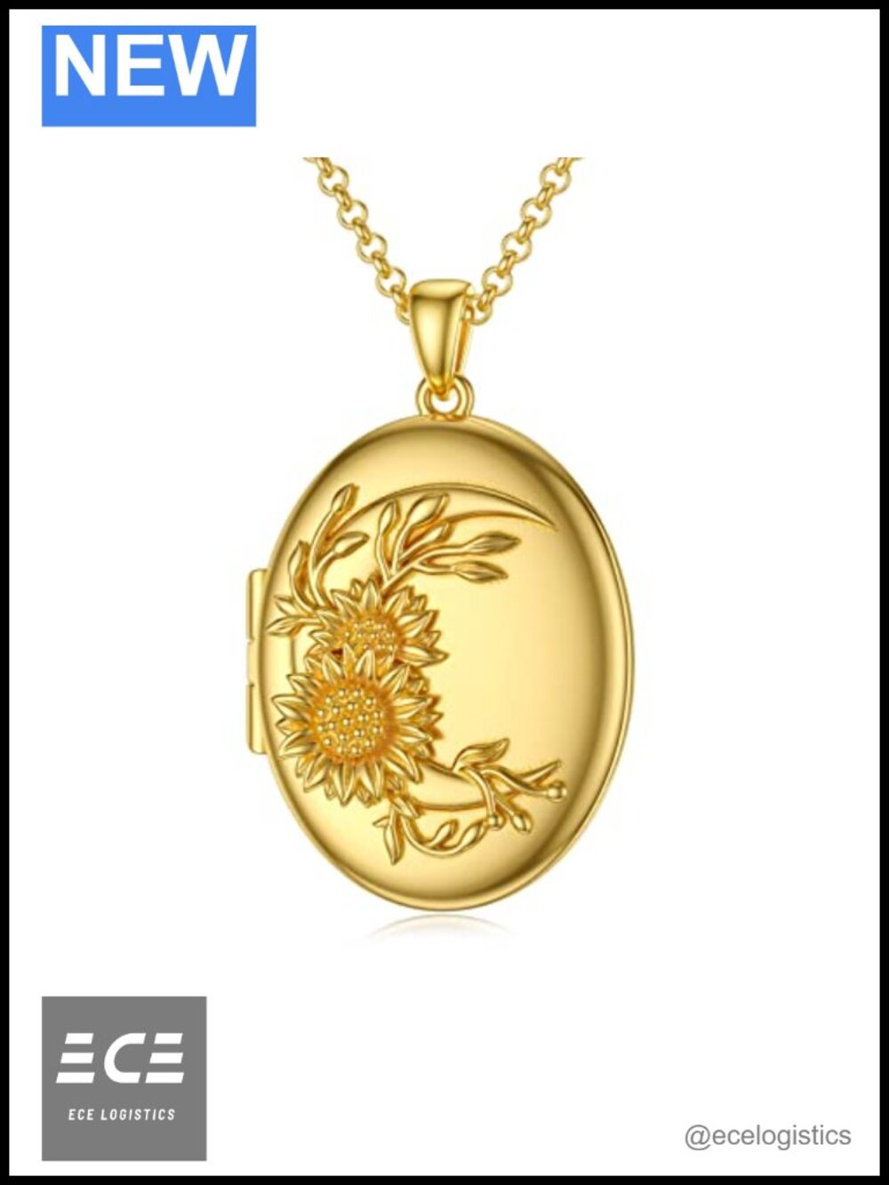 18k Gold Plated Silver Oval Sunflower Locket Necklace with Solid 10k Gold Chain
